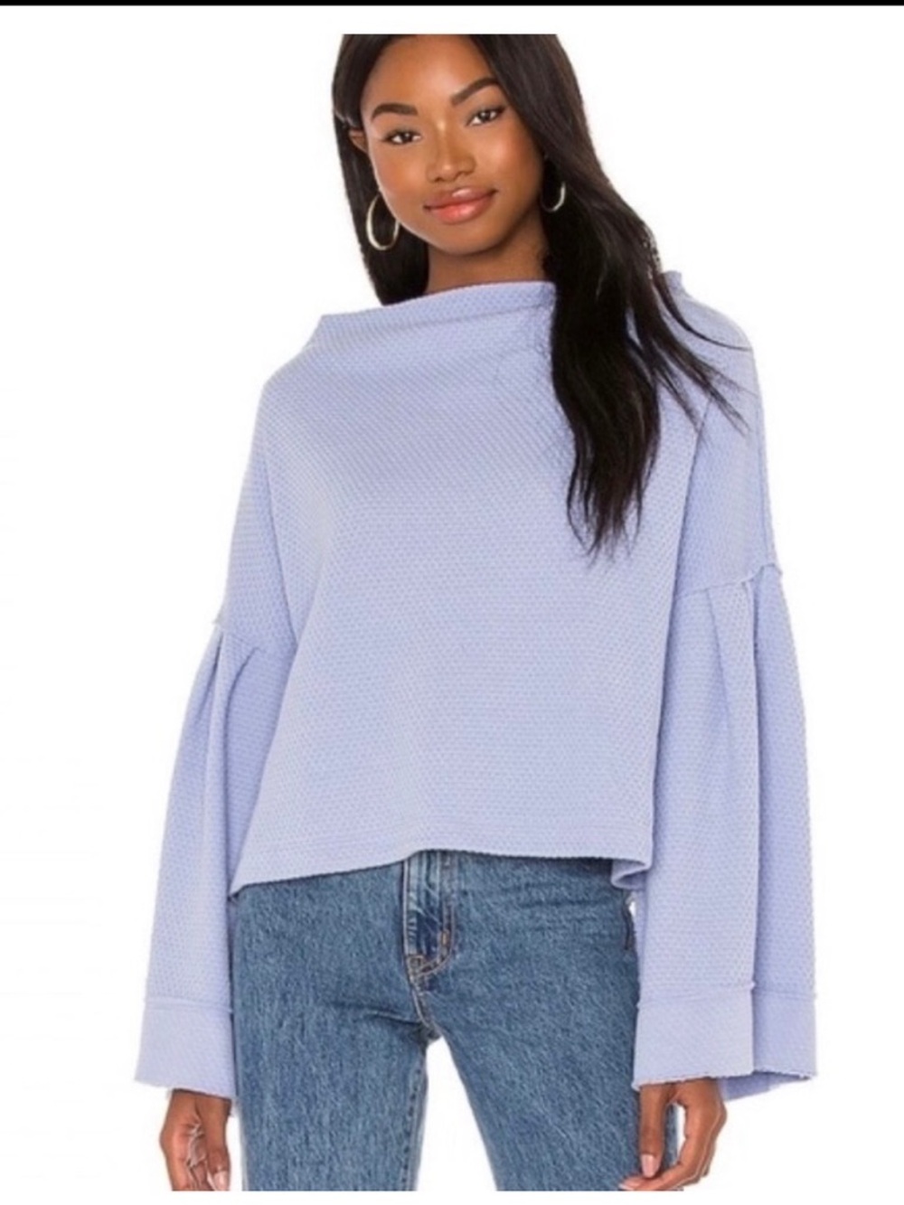 FREE PPL/WE THE FREE Blue Waffle Knit Mock Neck Crop Top Bell Sleeves SMALL